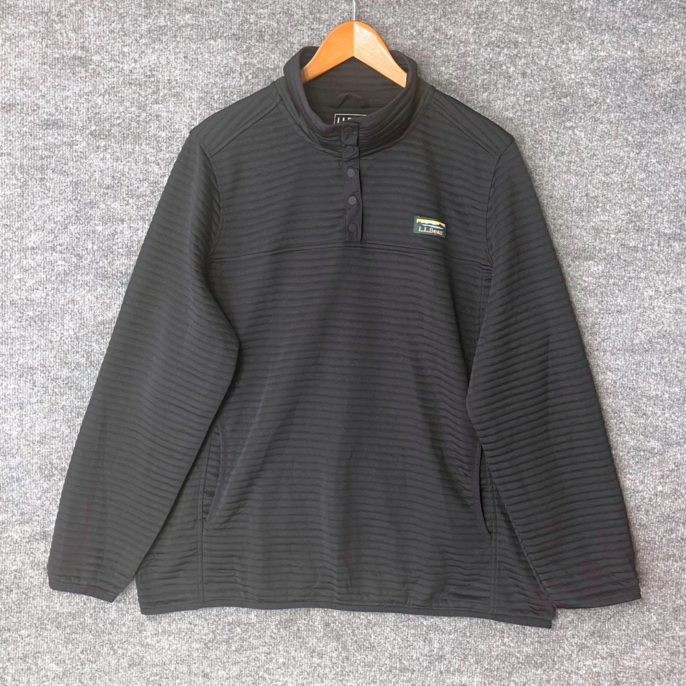 LL Bean Airlight Womens Ridge Fleece Pullover Black Ribbed Snap Mock Neck XL REG